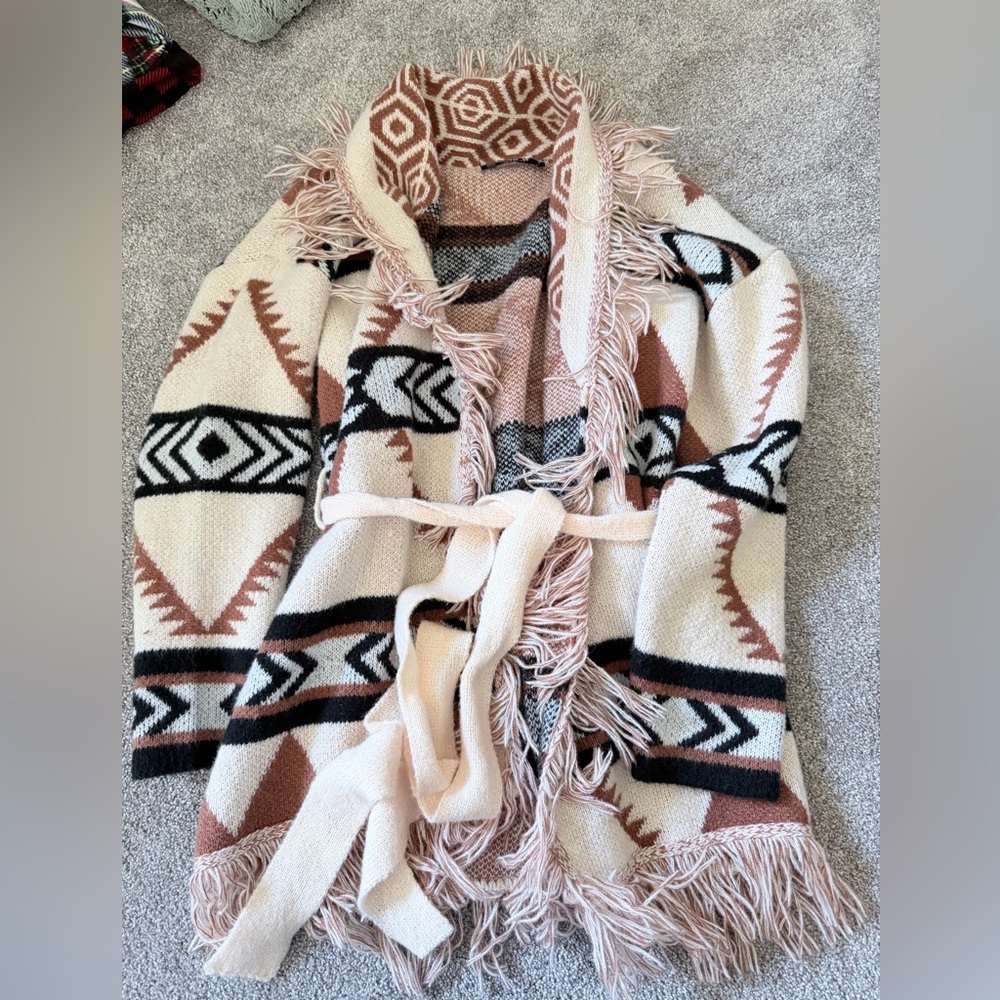 Fringed Aztec Knit Cardigan in Cream & Brown